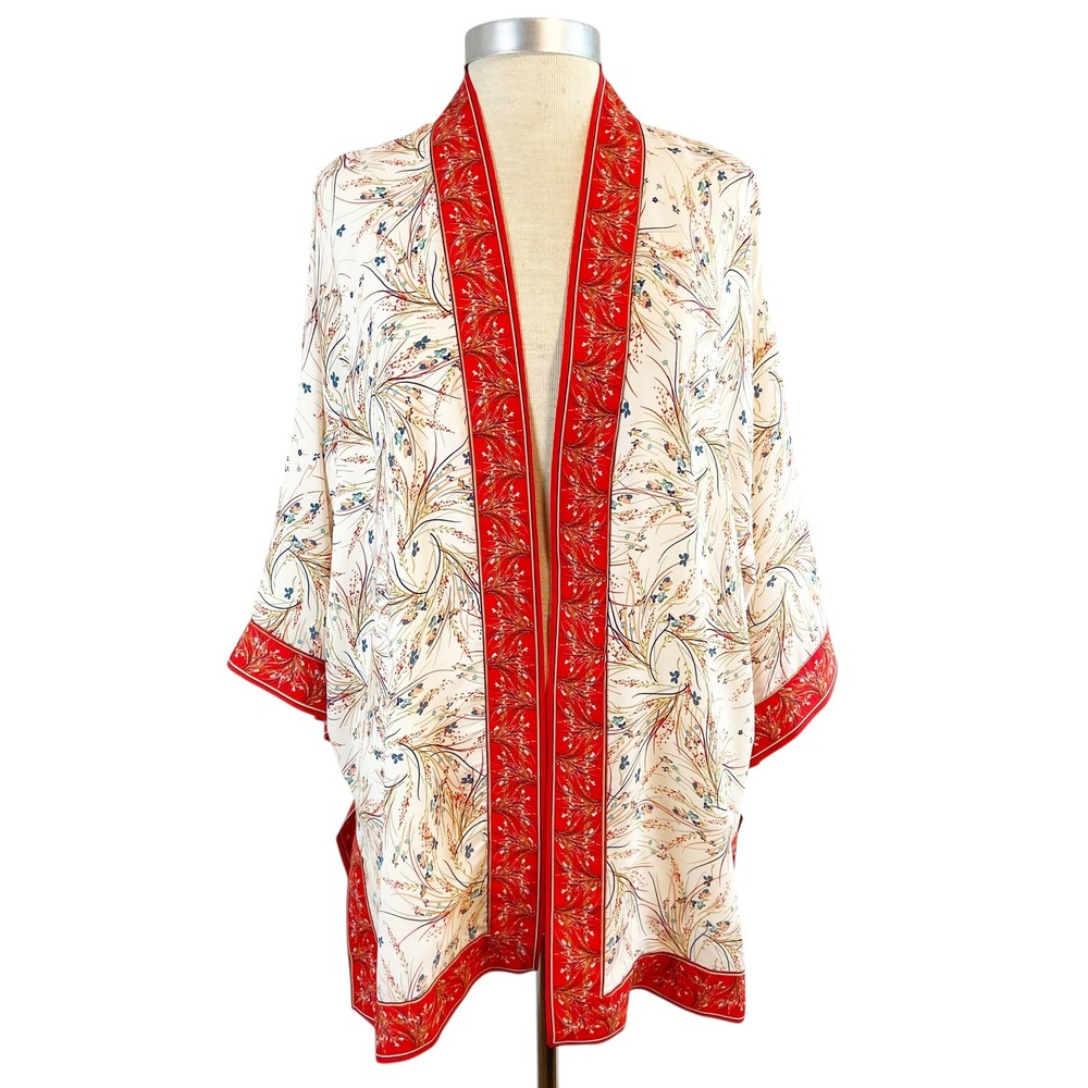 Max Studio Womens Floral Kimono Cardigan Cream Red Open Front Size L Lightweight